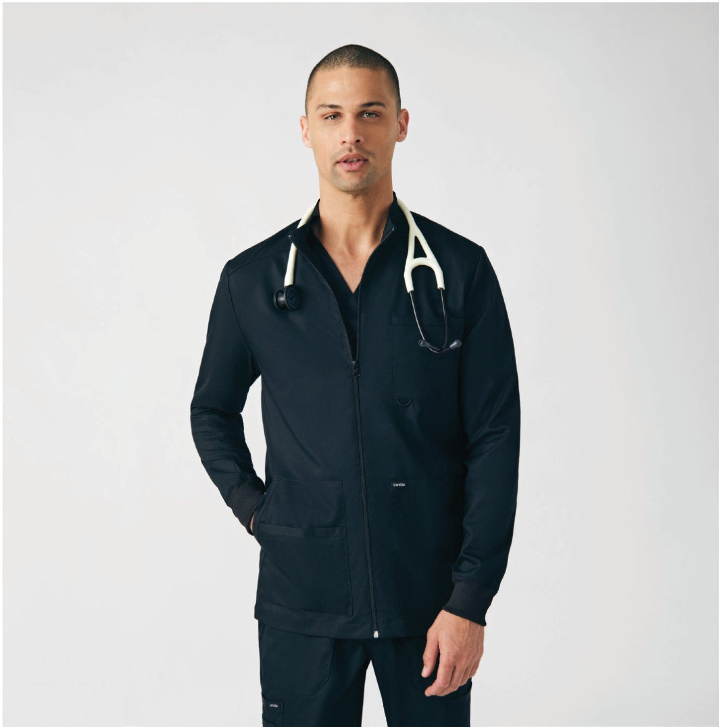 Landau ProFlex Men's 4-Pocket Scrub Jacket Black