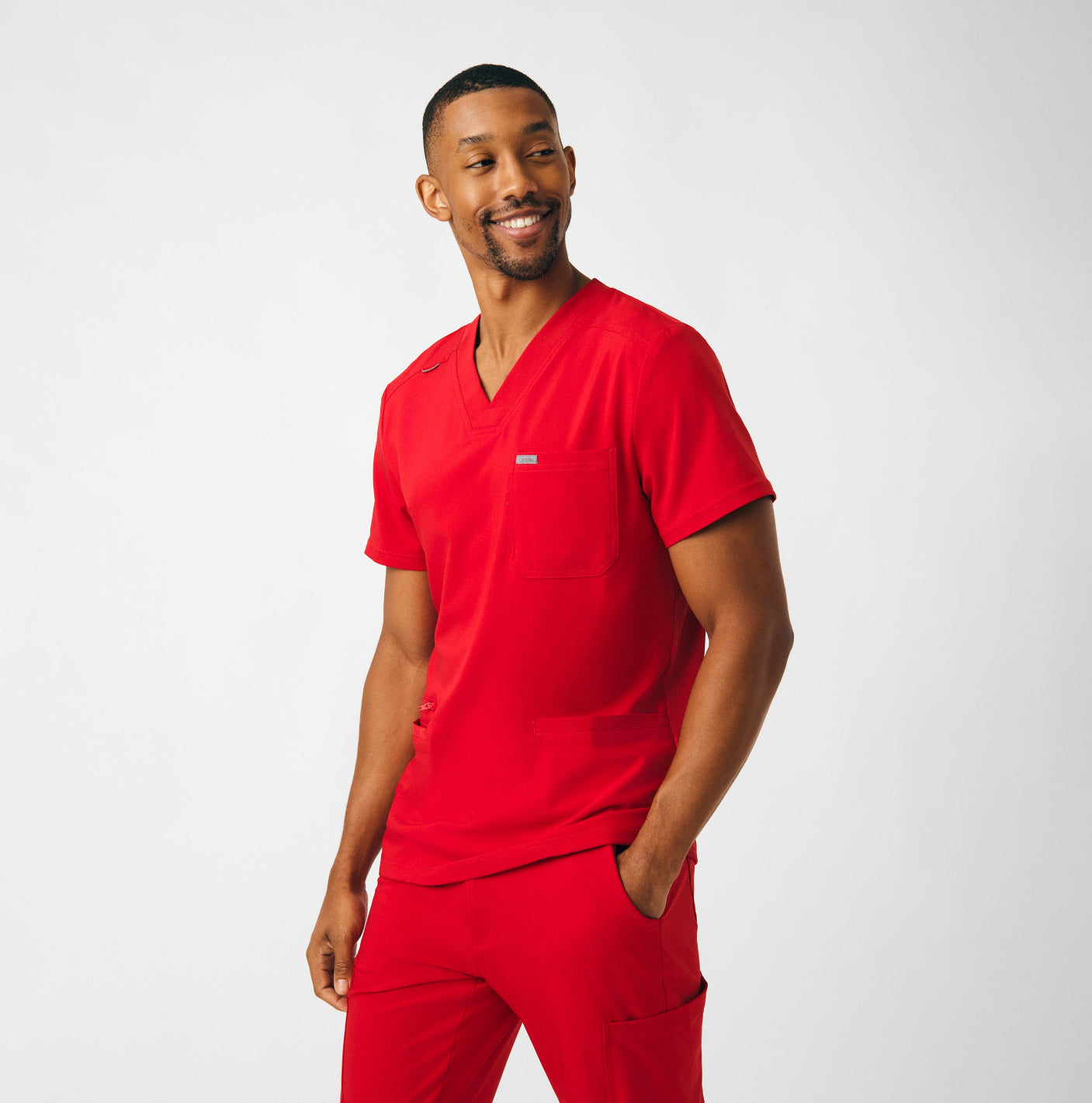 Landau Forward Men's 4-Pocket V-Neck Scrub Top Red